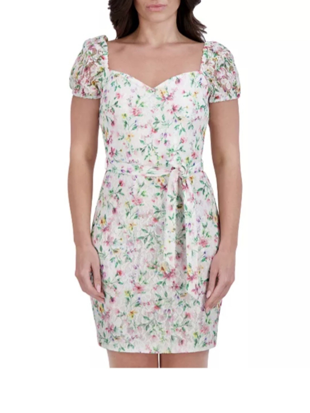 Kensie White Floral Puff-Sleeve Tie-Waist Mini Dress - Picture 3 of 5